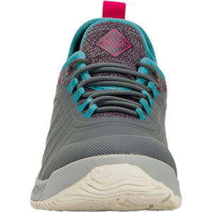 Muck grey and teal athletic sneaker with pink pull tab and Muck logo patch