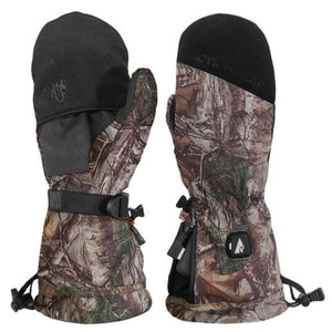 ActionHeat camouflage heated mittens with adjustable wrist straps and battery compartment