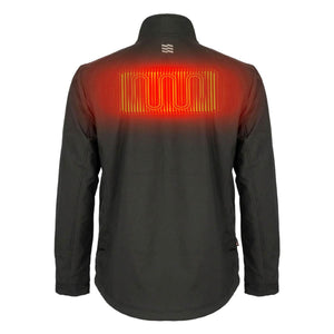 Back view of black Mobile Warming heated jacket showing red heating element graphic