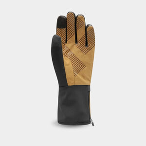 Tan and black athletic glove with geometric pattern and zippered wrist cuff