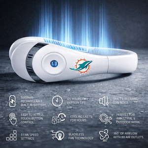White wearable neck fan with Miami Dolphins logo and feature icons for battery life speed and airflow