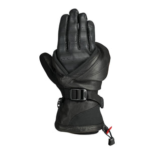Black leather motorcycle glove with adjustable wrist strap and textured palm