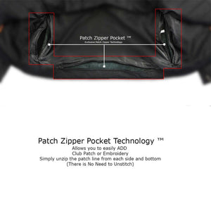 Milwaukee Leather jacket interior showing patch zipper pocket technology for easy patch attachment