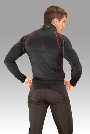 Man wearing Warm and Safe black heated long sleeve shirt with red trim from the back