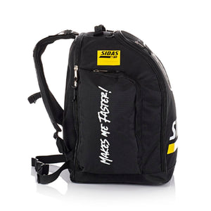 Sidas black backpack with yellow branding and white text on the side pocket