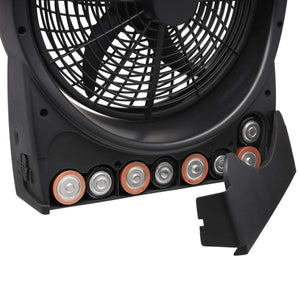 Black portable fan with open battery compartment showing multiple batteries installed