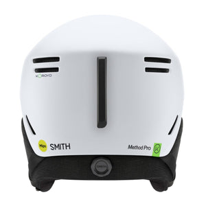 Back view of white Smith Method Pro snow helmet with Koroyd and Mips branding