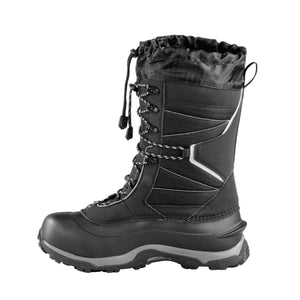 Black winter boot with drawstring cuff and lace up closure