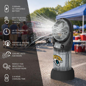Alpha Cool misting fan with Jacksonville Jaguars logo featuring battery and performance specifications