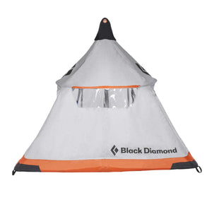 Black Diamond pyramid tent with grey mesh walls and orange trim