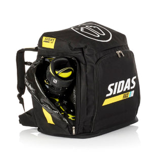 Sidas Race black ski boot backpack with open side compartment showing a ski boot