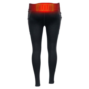 Black heated leggings with red glowing heating element on the lower back