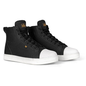 Cortech black high top motorcycle sneakers with white rubber toe caps and soles