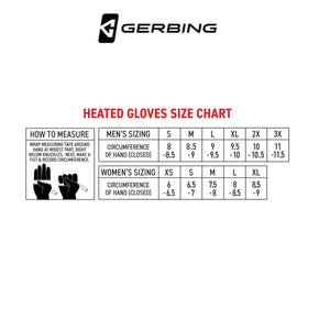 Gerbing heated gloves size chart for men and women with hand measurement instructions