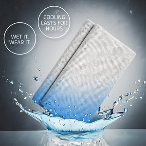 Folded blue and white cooling towel splashing in water with text overlay