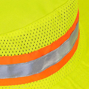 High visibility yellow mesh hat with orange and silver reflective trim