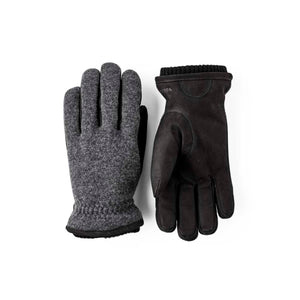 Hestra grey wool and black leather gloves