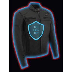 Black leather motorcycle jacket with TFL Cool Tec shield graphic