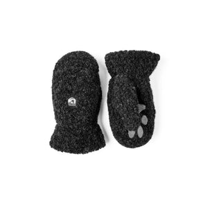 Hestra black wool mittens with grey paw print grip detail on palm