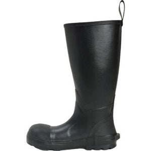 Black rubber work boot with pull tab