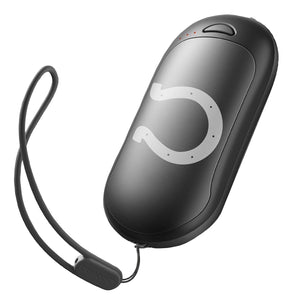 Black portable power bank with a horseshoe logo and attached wrist strap