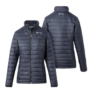 Front and back view of a black Venture Heat quilted jacket