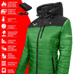 ActionHeat green and black hooded heated jacket with feature list including 10000mAh power bank and heat settings