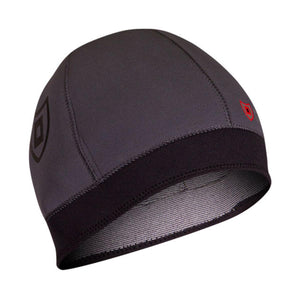 Dark grey neoprene surf beanie with black trim and logo