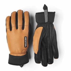 Hestra tan and black leather gloves with black neoprene cuffs