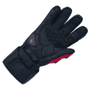 Black leather motorcycle glove with red accents and protective palm padding