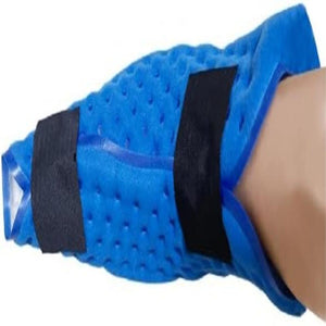 Blue textured gel ice pack wrap with black velcro straps secured around an elbow