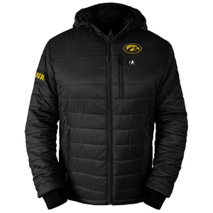ActionHeat black hooded puffer jacket with Iowa Hawkeyes logo