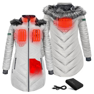 ActionHeat white puffer jacket with faux fur hood showing heating element locations and battery pack