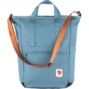 Fjallraven blue tote bag with orange shoulder straps and front zipper pocket