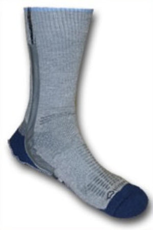 Grey crew length hiking sock with blue heel and toe