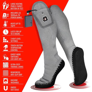 ActionHeat grey heated socks with power bank and feature list