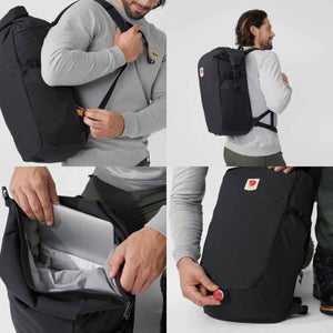 FjallRaven black rolltop backpack showing laptop compartment and exterior details