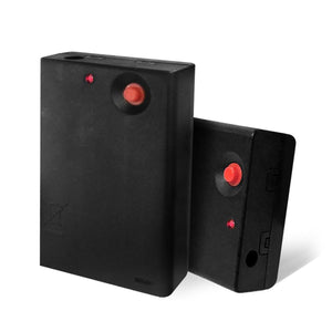 Two black rectangular electronic devices with red buttons and indicator lights