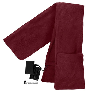 Burgundy fleece heated scarf with battery pack requiring three AA batteries