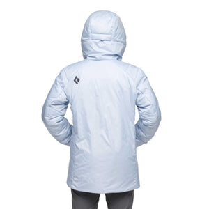 Back view of a light blue Black Diamond hooded insulated jacket