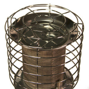 Cylindrical metal wire safety cage surrounding a mesh heater element