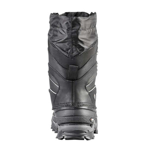 Back view of a black winter boot with a textured rubber sole and nylon upper