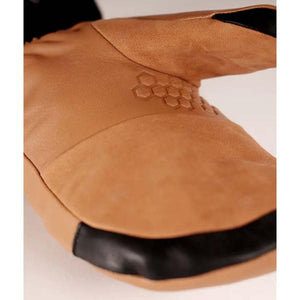 Tan leather mitten with black trim and embossed honeycomb pattern