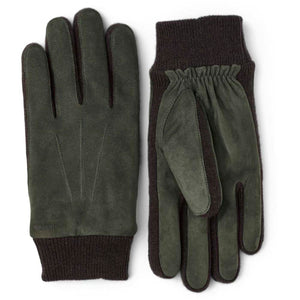 Hestra dark green suede gloves with ribbed knit cuffs
