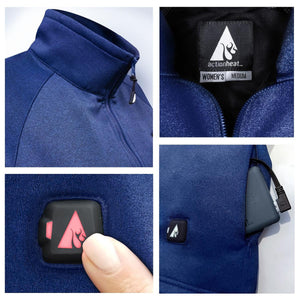 ActionHeat womens medium blue heated jacket details including power button and battery pack