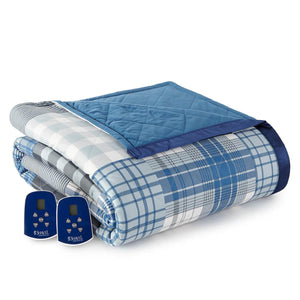 Shavel Home Products blue plaid electric blanket with two digital controllers