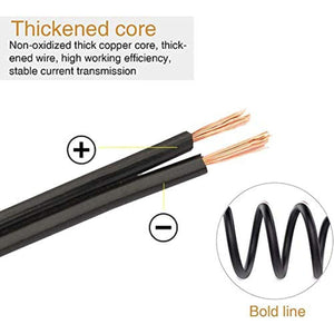 Close up of two core copper wire with positive and negative indicators and a coiled section