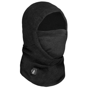 Black fleece balaclava with a power button on the side