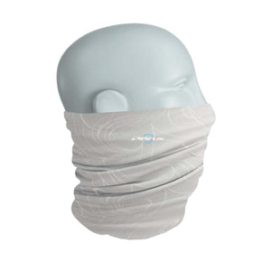 Seirus light grey neck gaiter with white swirl pattern on a mannequin head