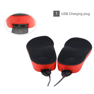 Two black and red heated insoles with USB charging ports visible
